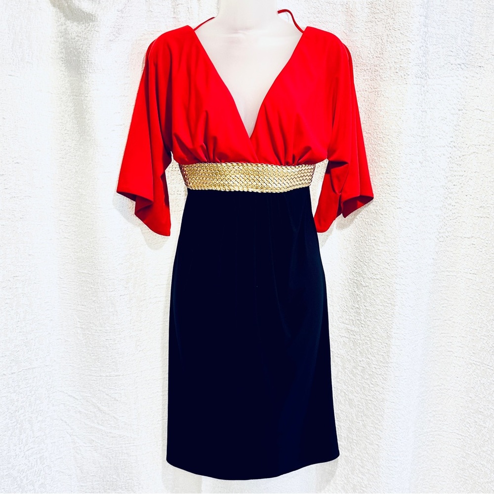 Gorgeous NWOT Nautical Boston Proper Dress M Navy Red Gold Belt V-Neck
